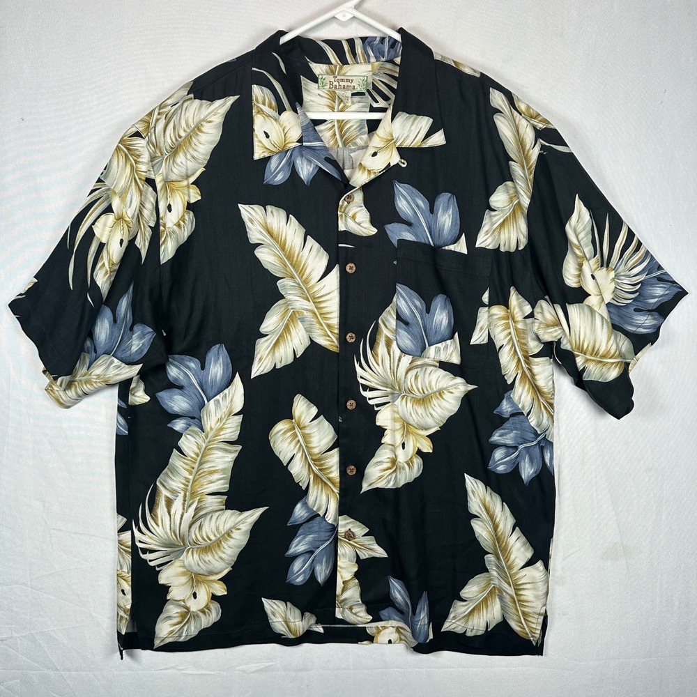 Tommy Bahama Mens XL Silk Hawaiian Shirt Black Tropical Leaf Short Sleeve Camp